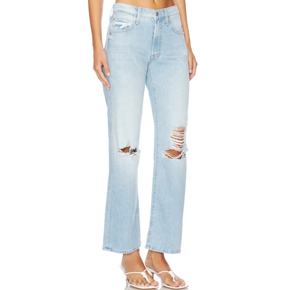 MOTHER The Mid Rise Rambler Zip Flood Ripped Jeans Light Wash Wide Leg Denim 29